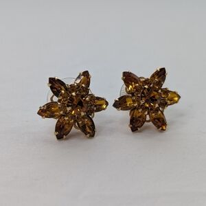 Vintage Pierced Champagne Amber Color Crystal Earrings
